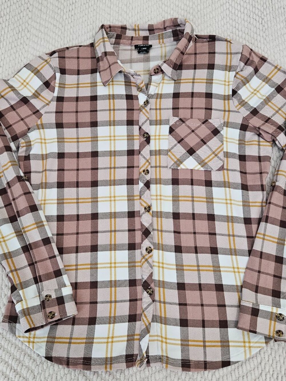 rue21 Mauve Brown Mustard Plaid Button-Up Shirt Stretch Knit Size L